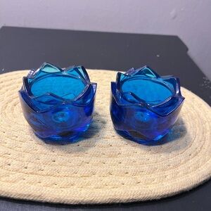 Cobalt Blue Glass Avon Lotus Tealight Holders - Set of 2